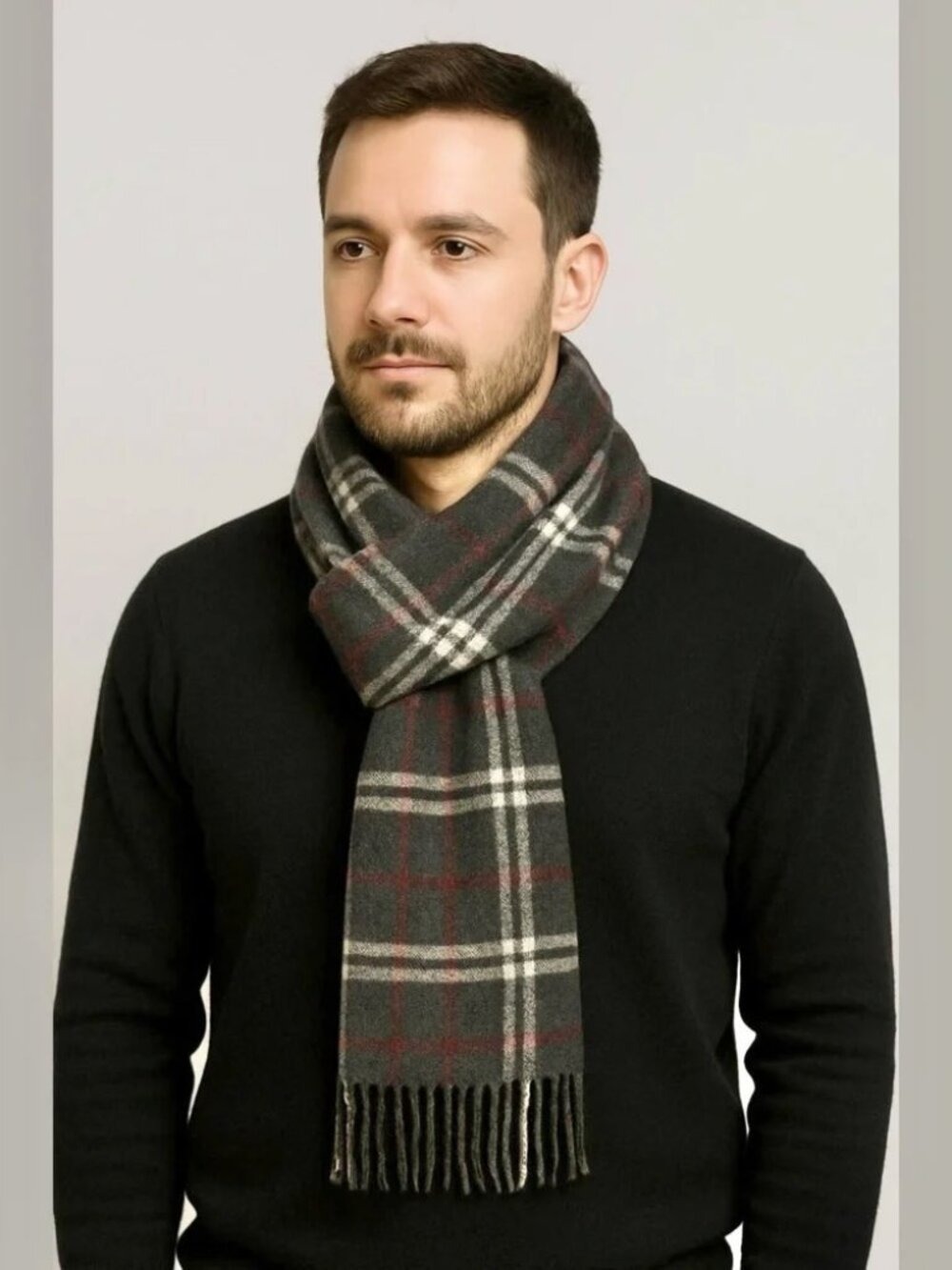 Valentini 100% Wool Grey Tartan Plaid Scarf OS